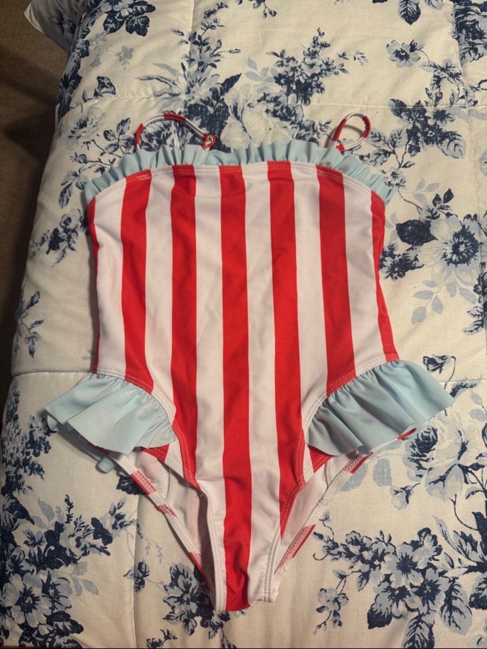 SHEIN Red and White Striped Ruffled One-Piece Swimsuit with Light Blue Trim